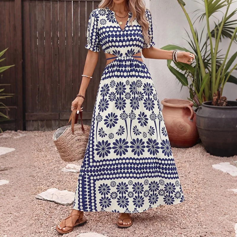 Elegant Retro Print High Waist Hollow Out Midi Dress for Women