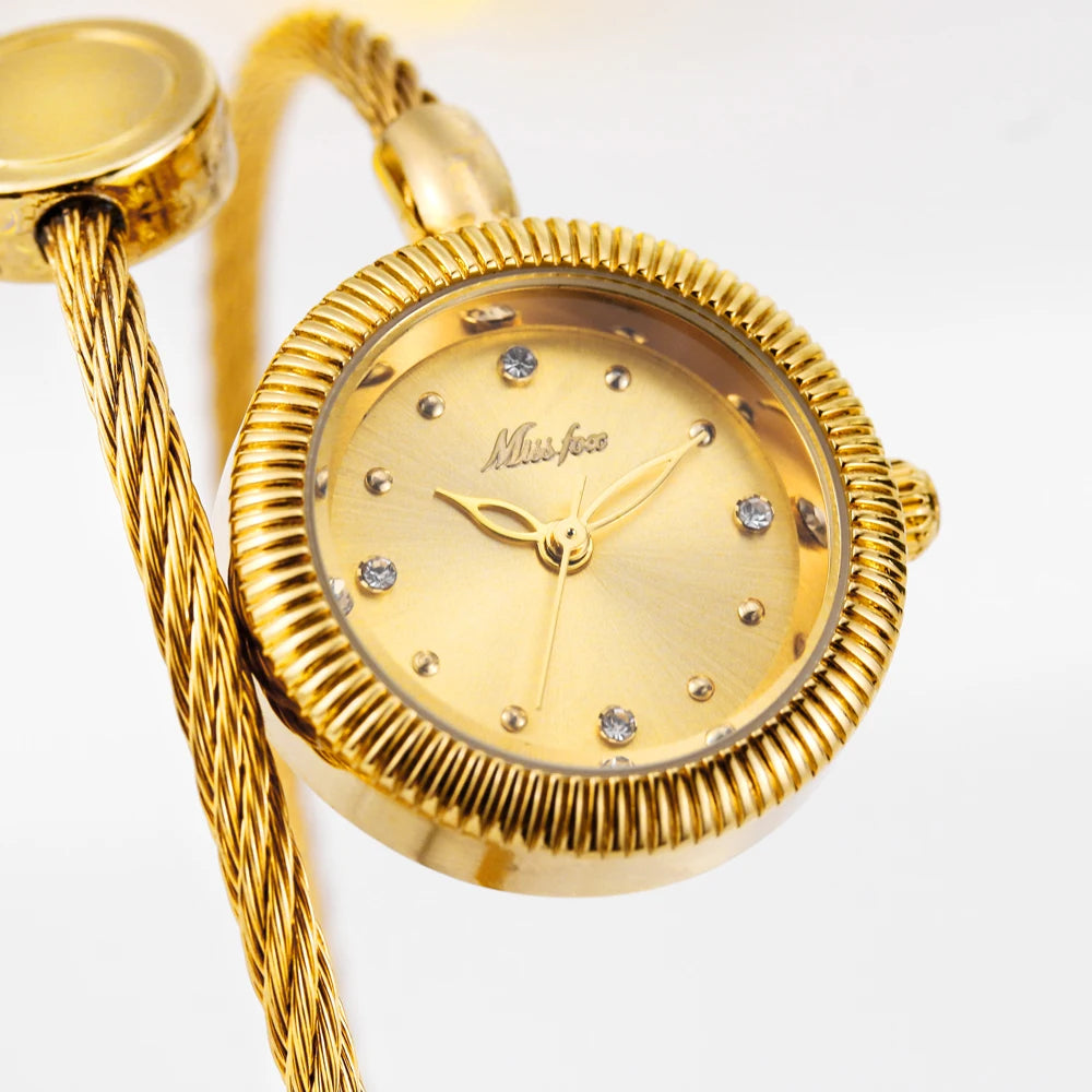 Missfox Gold Mini Watches For Women Causal Fashion Open Band Small Watch Power By Battery Ladies Wristwatches New Hot For Gift
