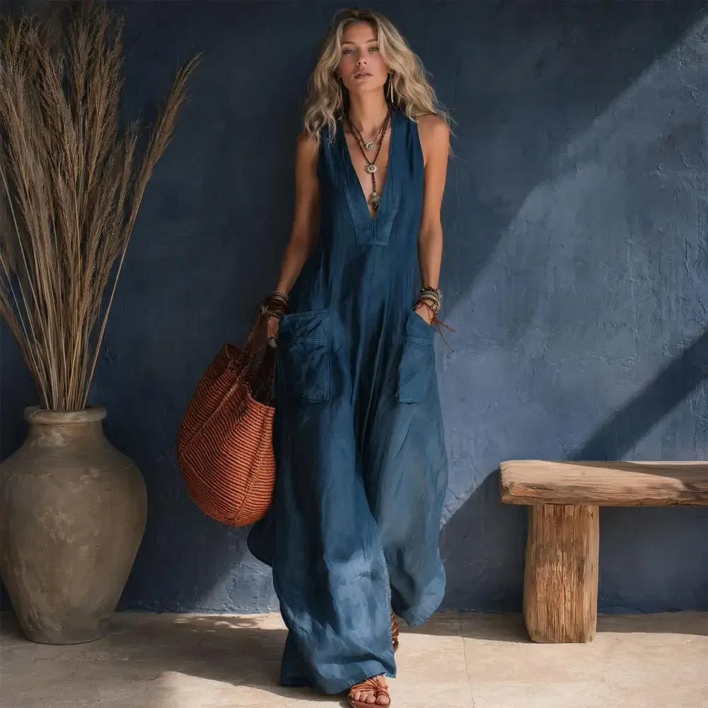 Sleeveless V Neck Loose Wide Leg Casual Jumpsuit For Women