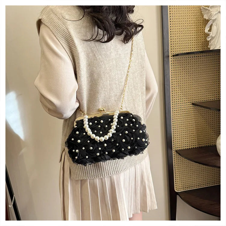Pearl Floral Chain Evening Crossbody Bag
