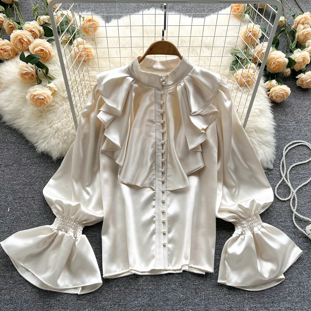 Elegant Satin Ruffle Long Sleeve Blouse for Women