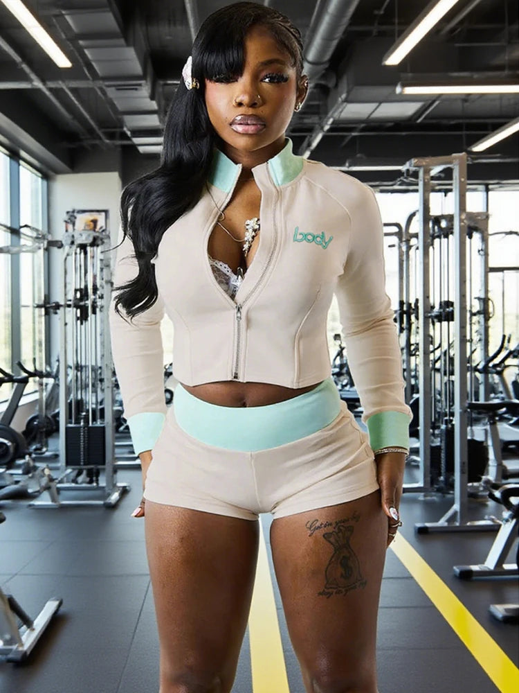 Sisterlinda Casual Sporty 2 Piece Set Women Letter Embroidery Zip Navel Exposed Jacket+Contrast Patchwork Shorts Simple Outfits