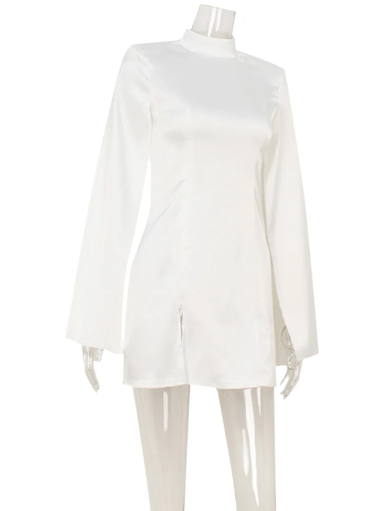 Elegant Long Sleeve Satin Turtleneck Mini Dress for Women