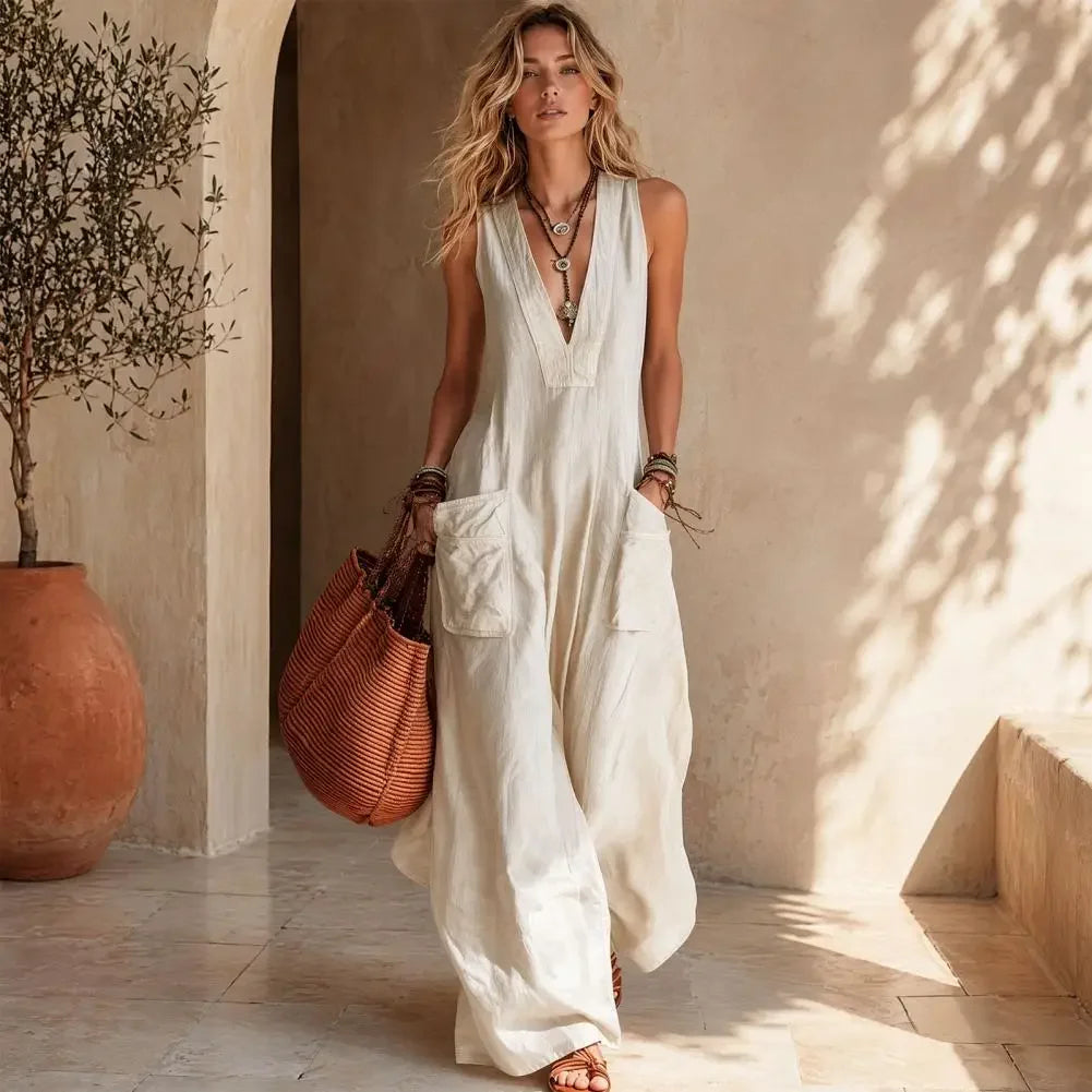 Sleeveless V Neck Loose Wide Leg Casual Jumpsuit For Women