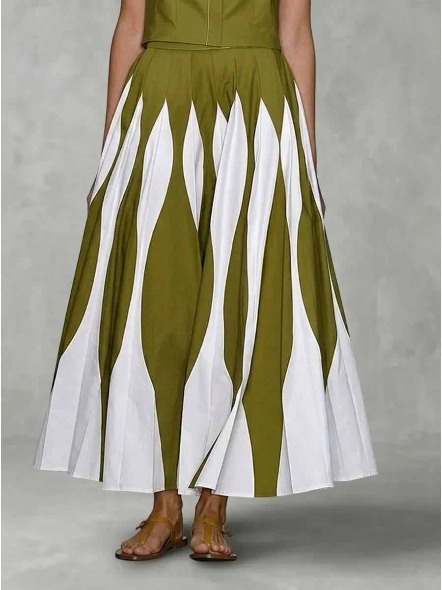 Bonboho 2026 New Women's Elegant Skirt Set Sleeveless Shirt Top & High Waist Pleated Contrast Color Skirt Casual Two-piece Set