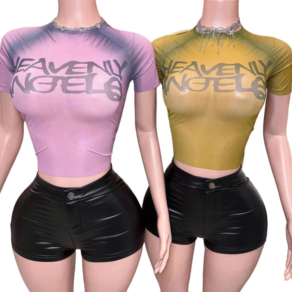 FAGADOER Y2k Fashion Mesh Letter Print 2 Piece Sets Woman Outfit See Through Short Sleeve Crop Top and Leather Short Streetwear