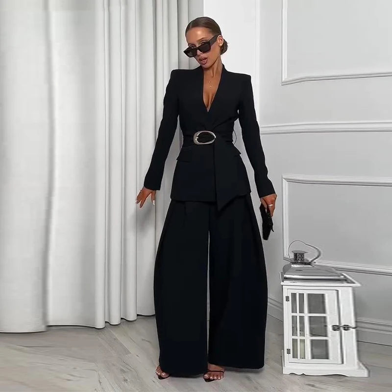 Elegant Solid Two Piece Blazer Pants Set for Women