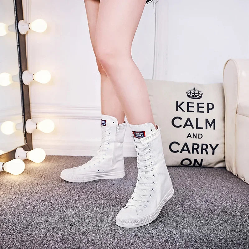 Casual Lace-Up Canvas Mid-Calf Flat Boots for Women