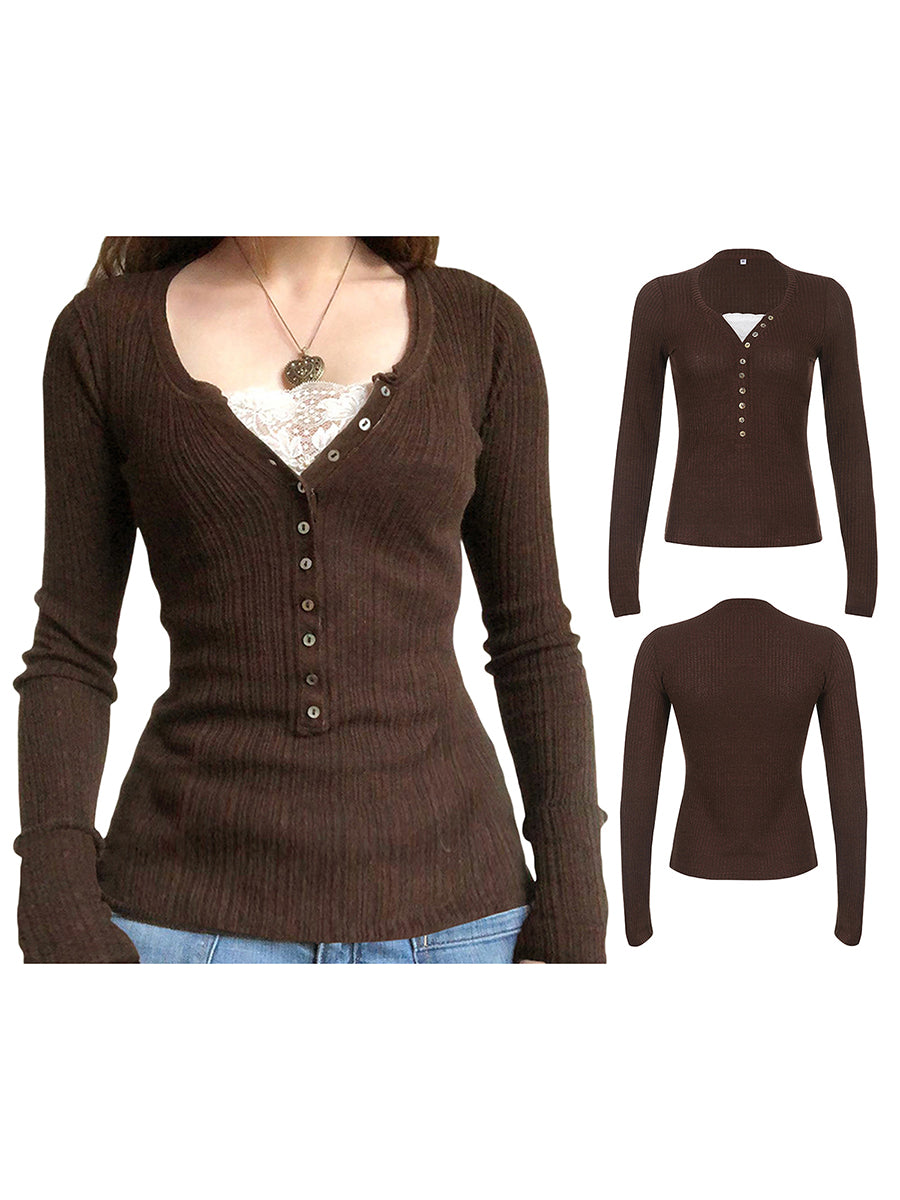 Button Front Lace Patchwork Slim Fit Knit Top for Women