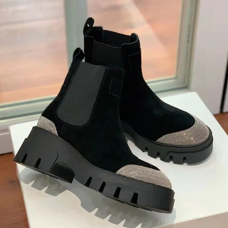 Thick Sole Suede Chelsea Boots With Round Toe For Women