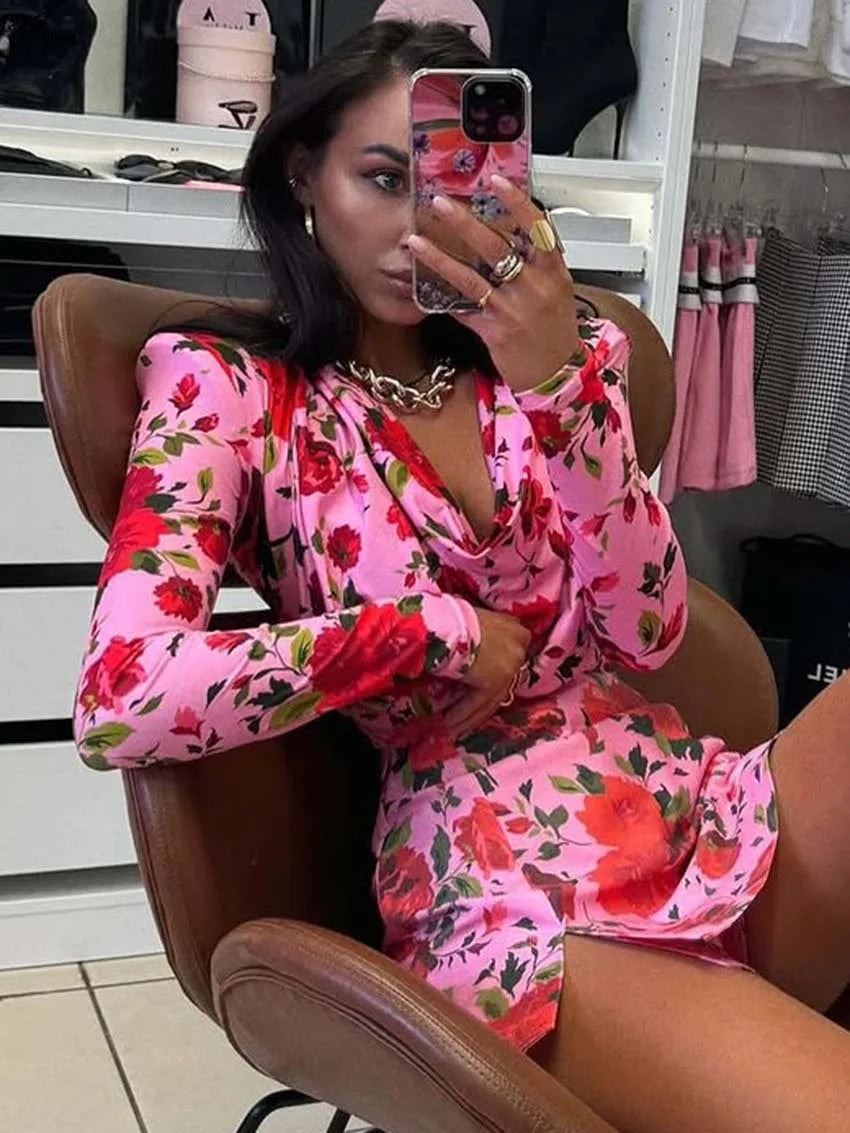 Oymimi Elegant Pink Print 2 Pieces Set For Woman Fashion V-Neck Long Sleeve Slim Tops And High Waist Side Slit Shorts Skirt Sets