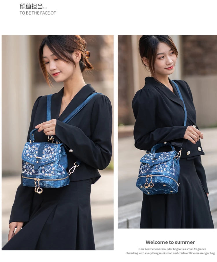 Diamond Embellished Denim Multiway Backpack for Women