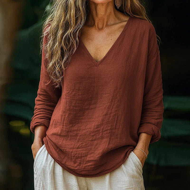 Women's Casual V Neck Pullover Blouse Long Sleeve Patchwork Chic Top Spring Autumn Solid Loose Simple Ladies Shirts Fashion 2025