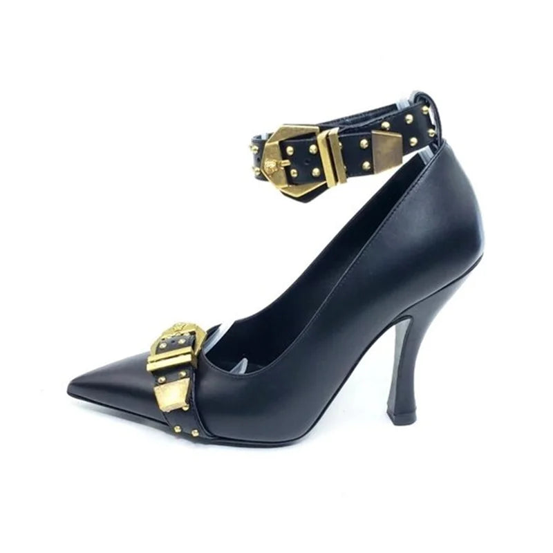 Black Faux Leather Pointed Toe Rivet Buckle Stiletto Pumps For Women