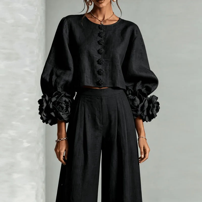 Puff Sleeve Floral Crop Top and Wide Leg Pants Set for Women
