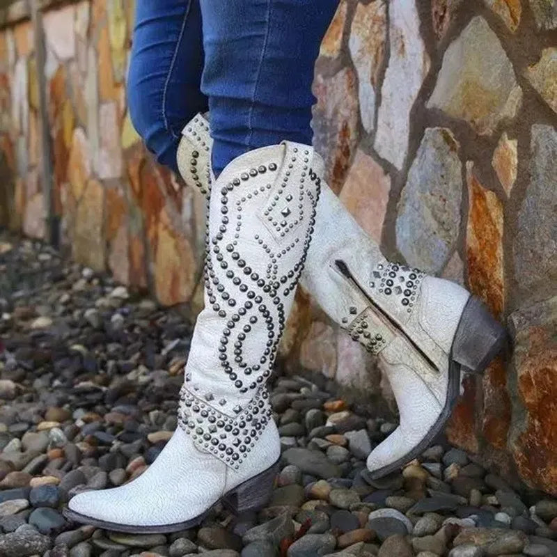 Riveted Western Pointed Toe Knee High Boots For Women
