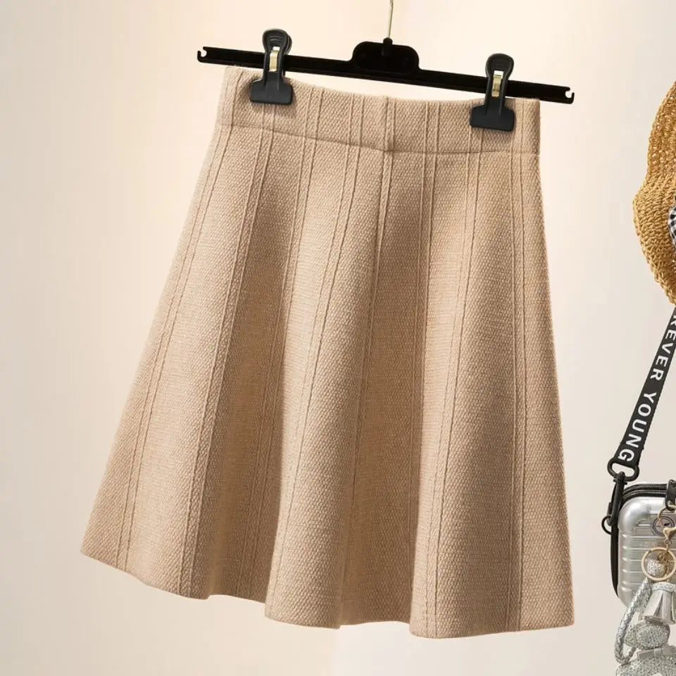 Solid Color High Waist Elastic Knitted Mini Skirt For Women