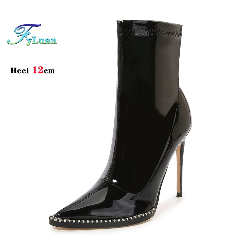 Elegant Rhinestone Bordered Side Zipper High Heel Ankle Boots for Women