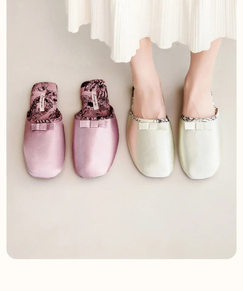 Elegant Silk Print Butterfly Knot Flat Slippers for Women