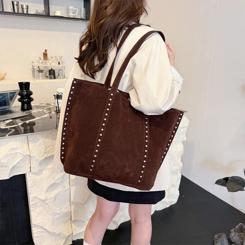 Y2kn Women's Rivet Tote Bag Autumn And Winter New Versatile Casual Shoulder Underarm Bag Brand Designer Fashion Simple Handbag