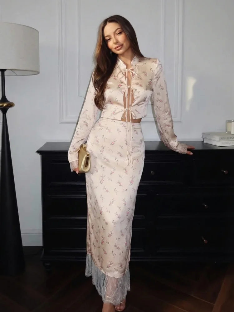 Hollow Out Lace Up Tassel Top and Skirt Set for Women