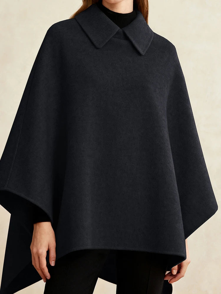 Elegant Patchwork Long Cape Coat With Turn-Down Collar for Women