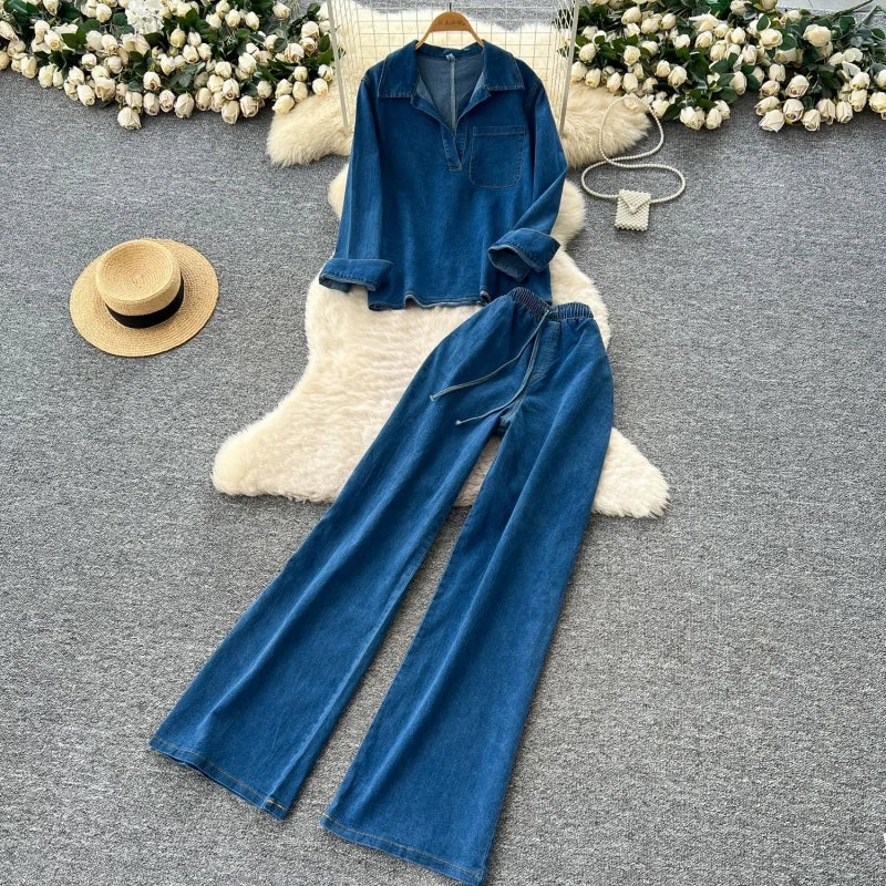 Vintage Long Sleeve Denim Shirt And Jeans Set for Women