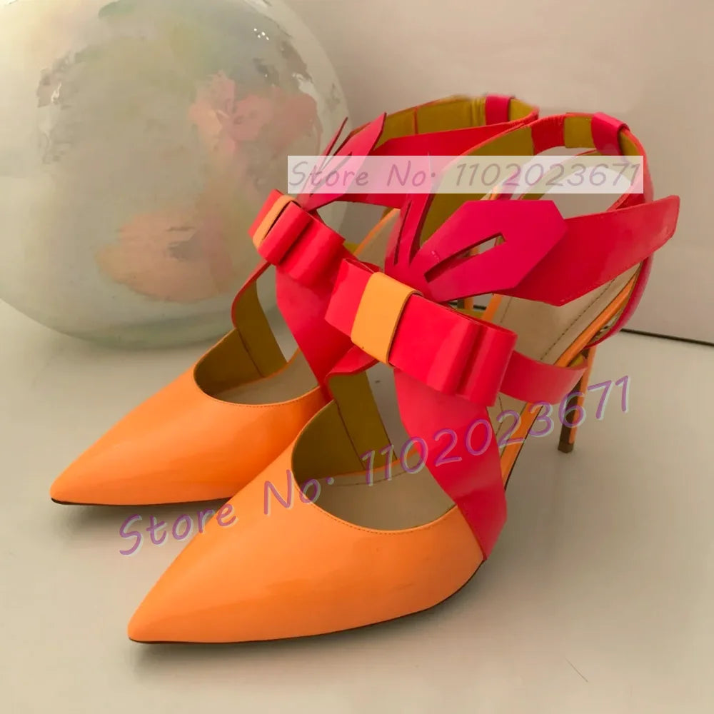 Multicolor Patent Leather Slingback Sandals Women Fashion Folding Bowknot Pointy Toe High Heels Sandals Party Chic Lovely Shoes