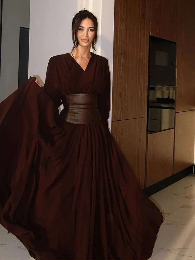 Elegant Retro V Neck Long Sleeve Dress