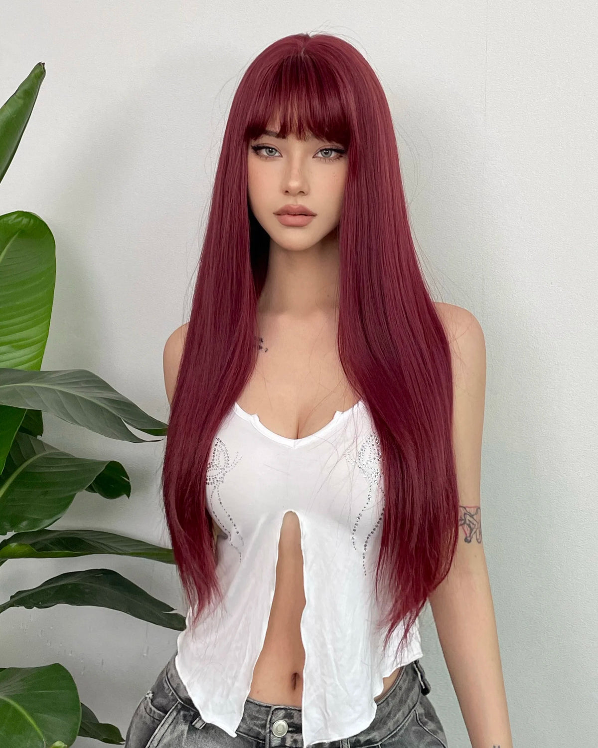 Long Straight Dark Red Cosplay Wig With Bangs for Women
