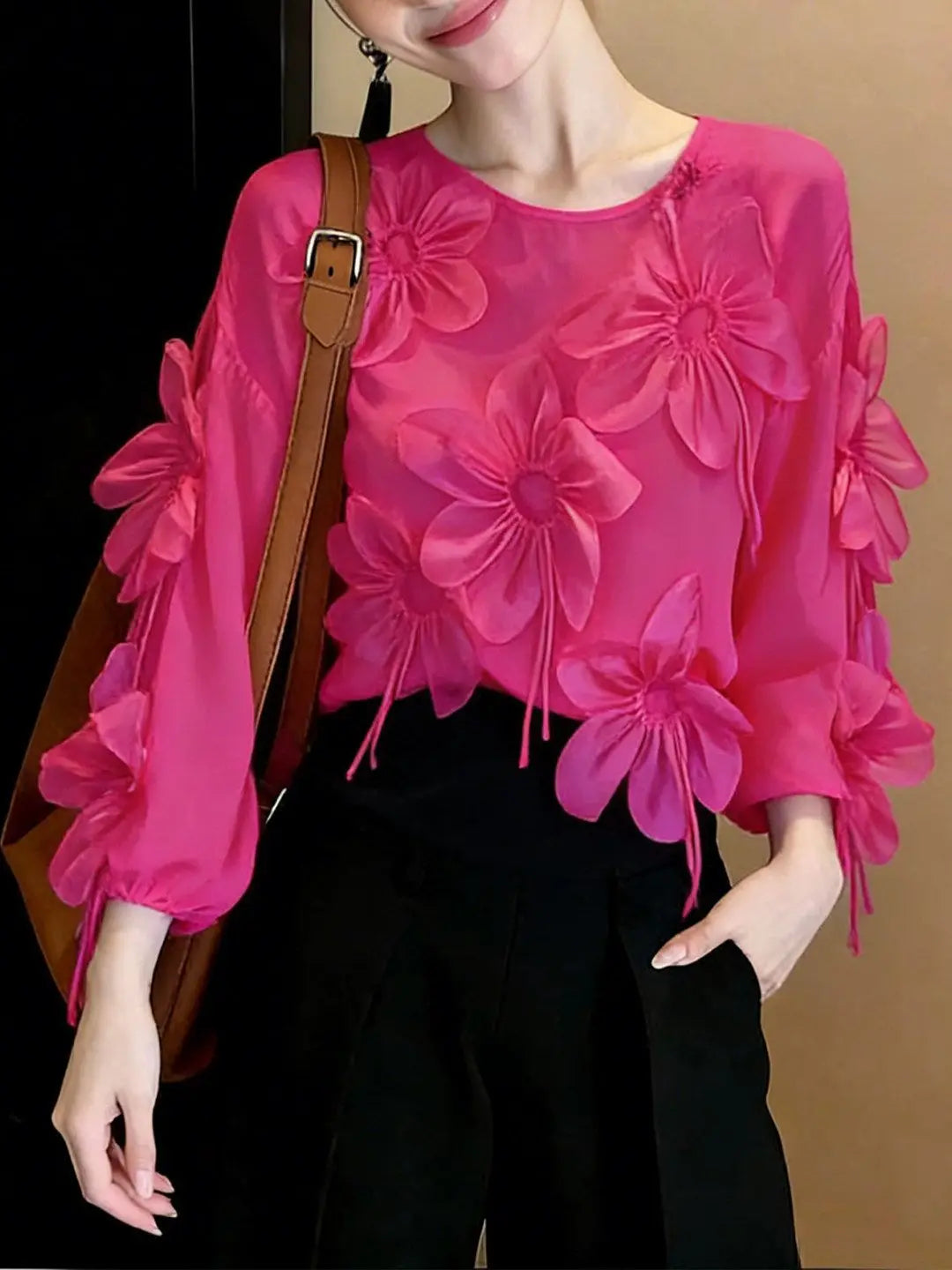 Three Dimensional Flower Lightweight Long Sleeve Top for Women
