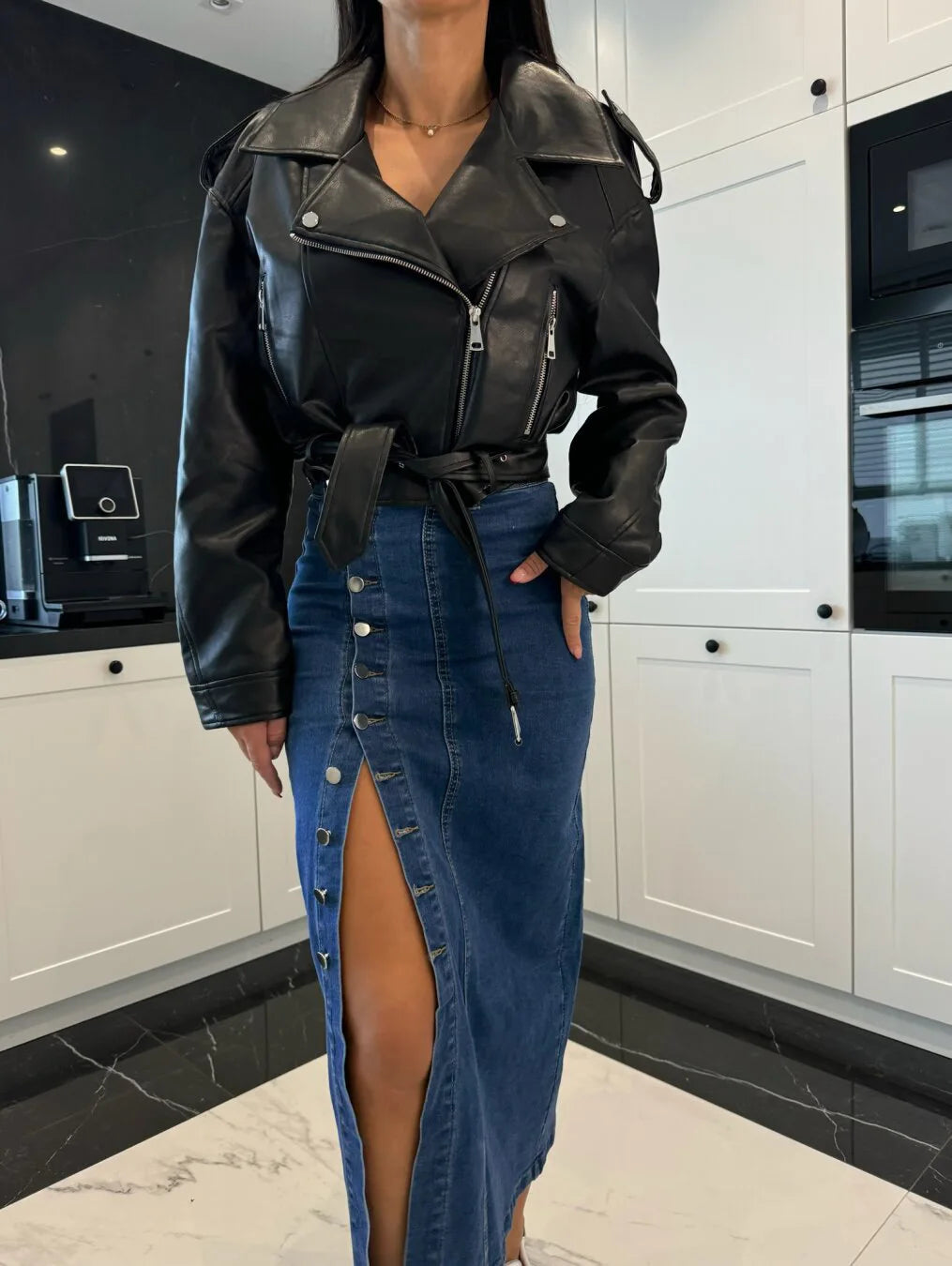 High Waist Retro Button Denim Skirt With Slit for Women