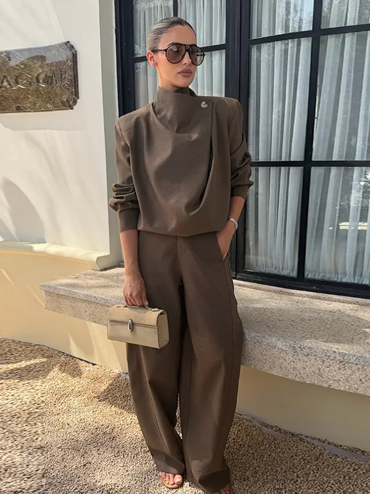 Solid Draped Funnel Neck Long Sleeve Wide Leg Two Piece Set For Women