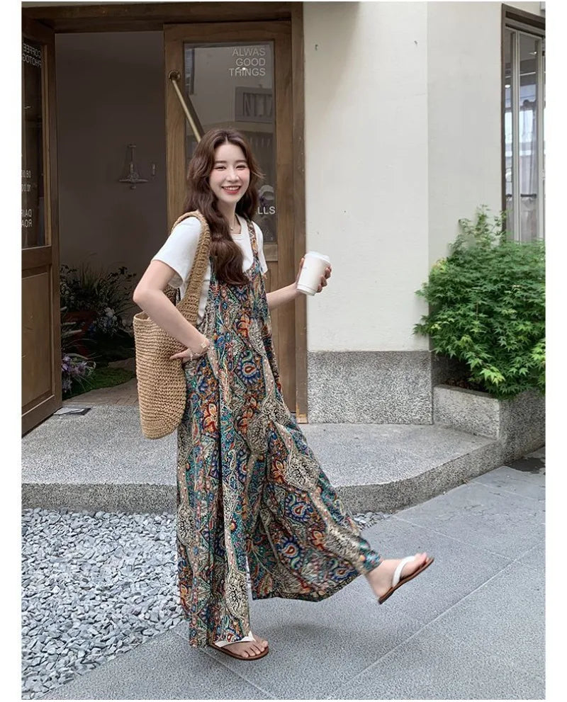 Vintage Bohemian Printed Wide Leg Casual Jumpsuit For Women