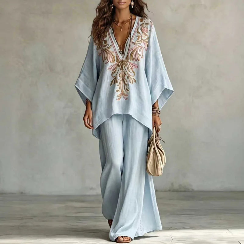 Boho Embroidered Blouse and Wide Leg Pants Set for Women
