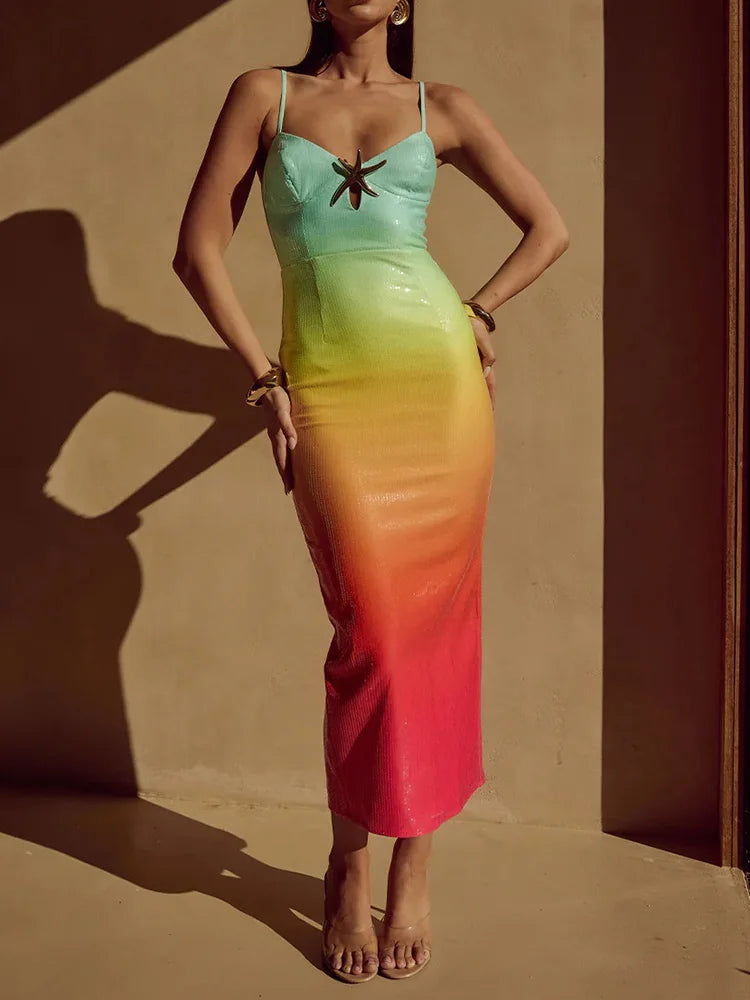 Sequined Patchwork Sleeveless Pencil Dress, Women Summer Gradient V Neck Fashion Party Dress, 2024 Backless Simple Ladies Dress