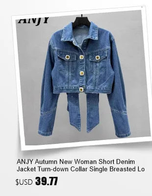 ANJY Autumn New Women Fashion Unique Lace- Up Distressed Washed Denim Jacket High Street Chic Versatile Casual Short Coat A16787