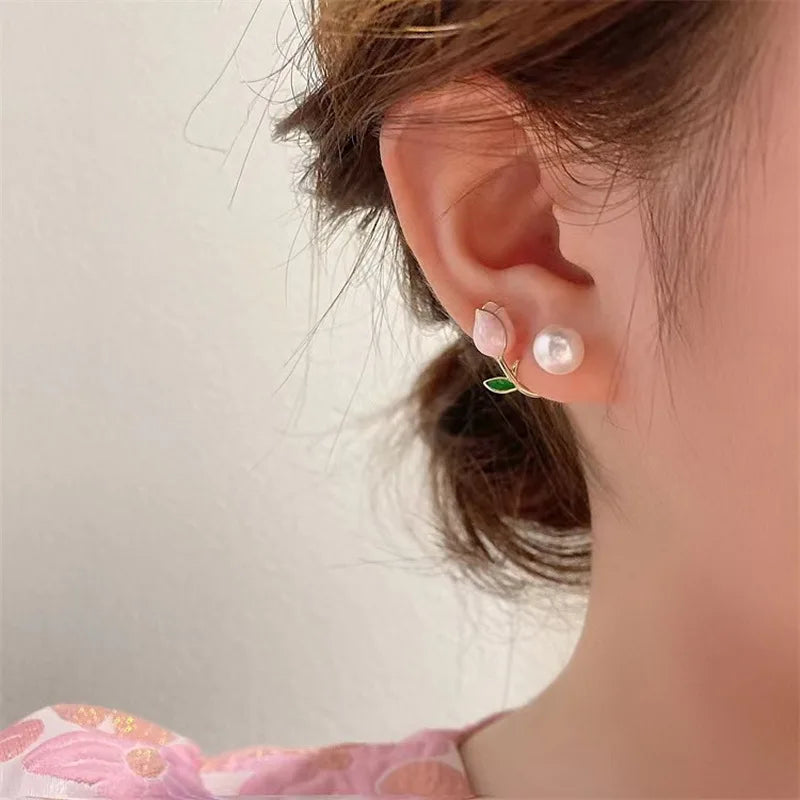 Pearl Tulip Enamel Stud Earrings With Zircon Drops for Women