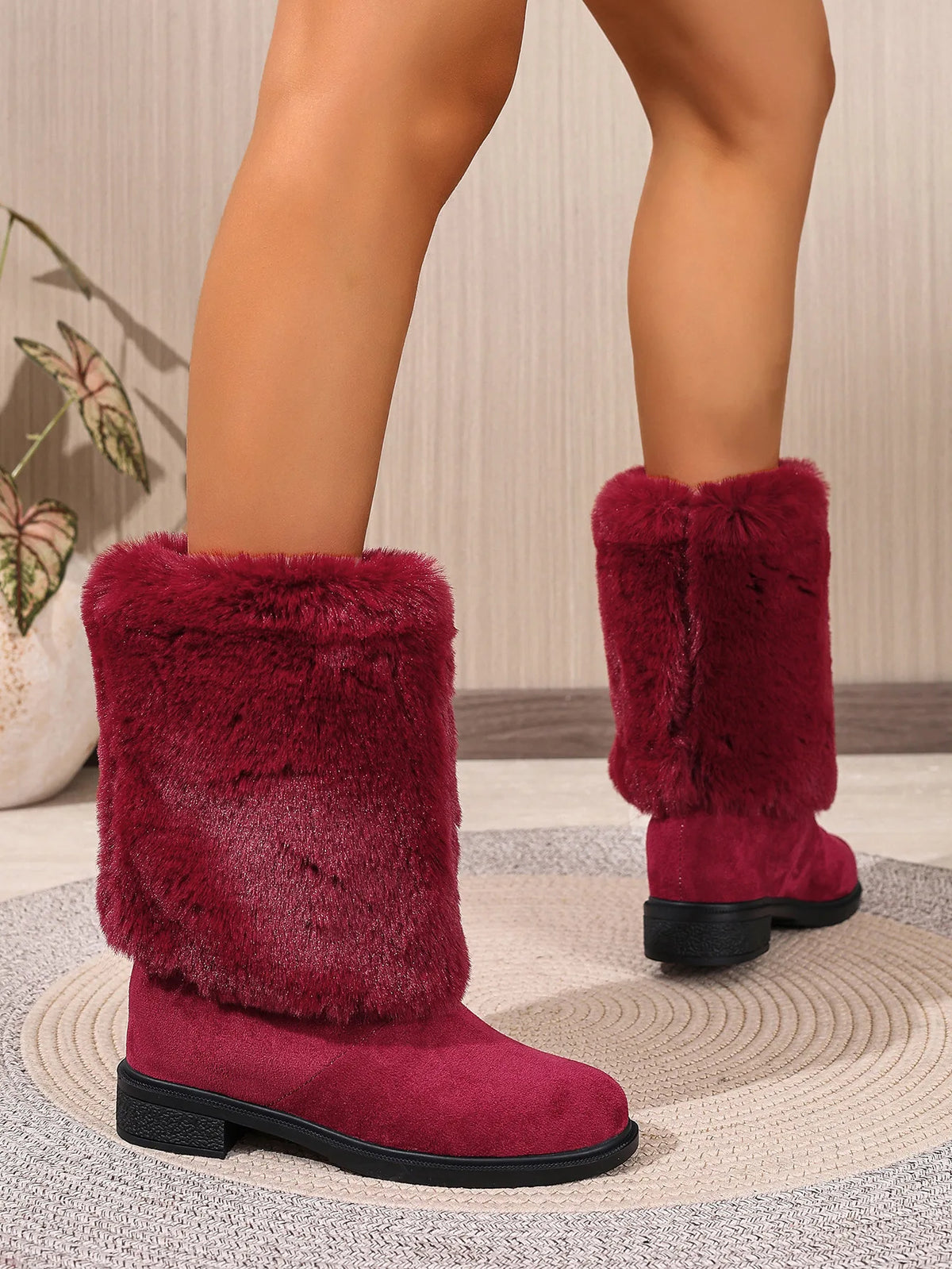 Plush Faux Fur Slip On Mid Calf Winter Snow Boots For Women