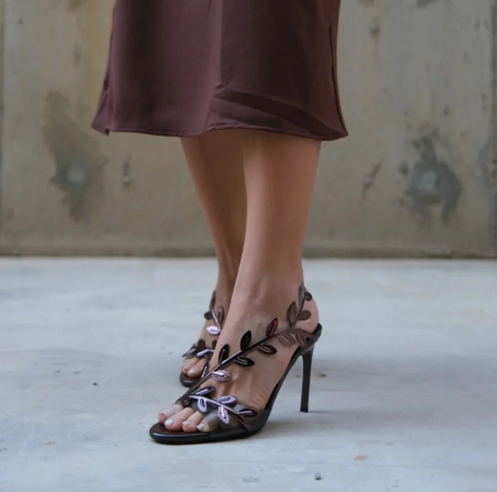 Metallic Leaf Cutout Stiletto Sandals