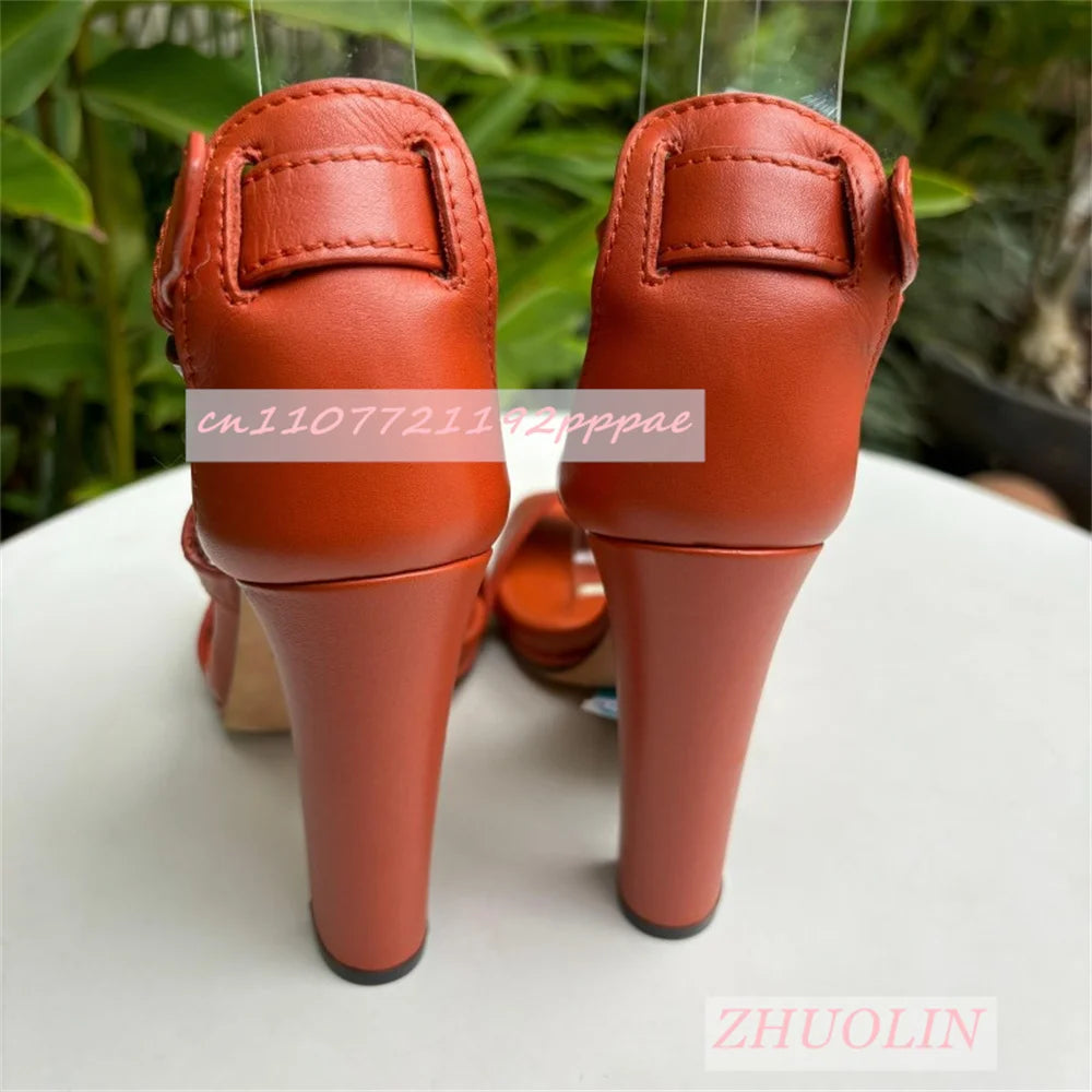 Orange Leather Block Heel Open Toe Buckle Strap Heels for Women