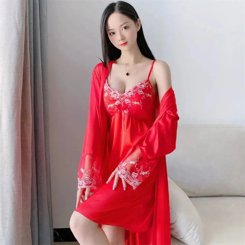 Comfortable Relaxed Fit Lace Up Two Piece Robe Set For Women