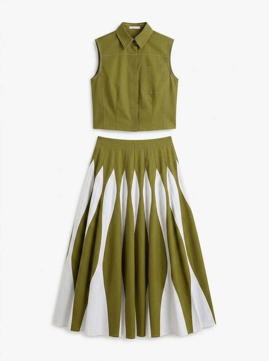 Bonboho 2026 New Women's Elegant Skirt Set Sleeveless Shirt Top & High Waist Pleated Contrast Color Skirt Casual Two-piece Set