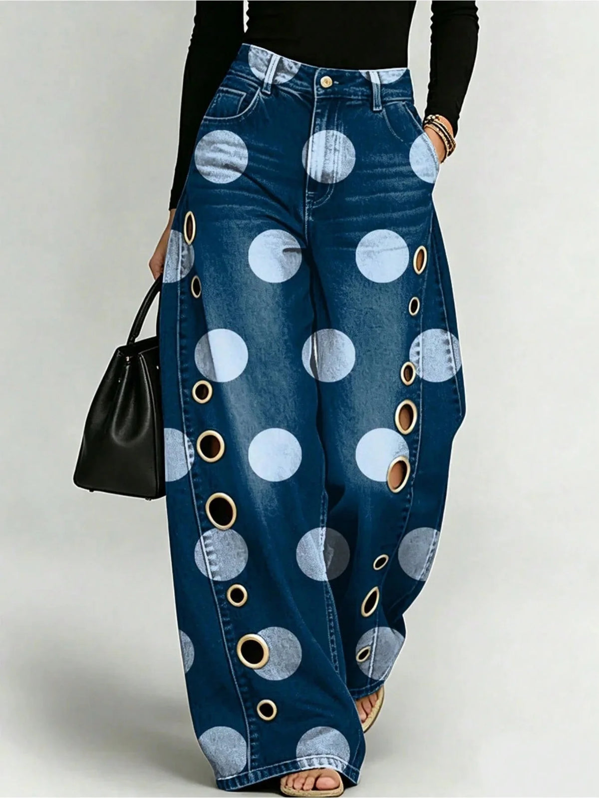 Asymmetric Two Tone Polka Dot Wide Leg Jeans With Bow for Women