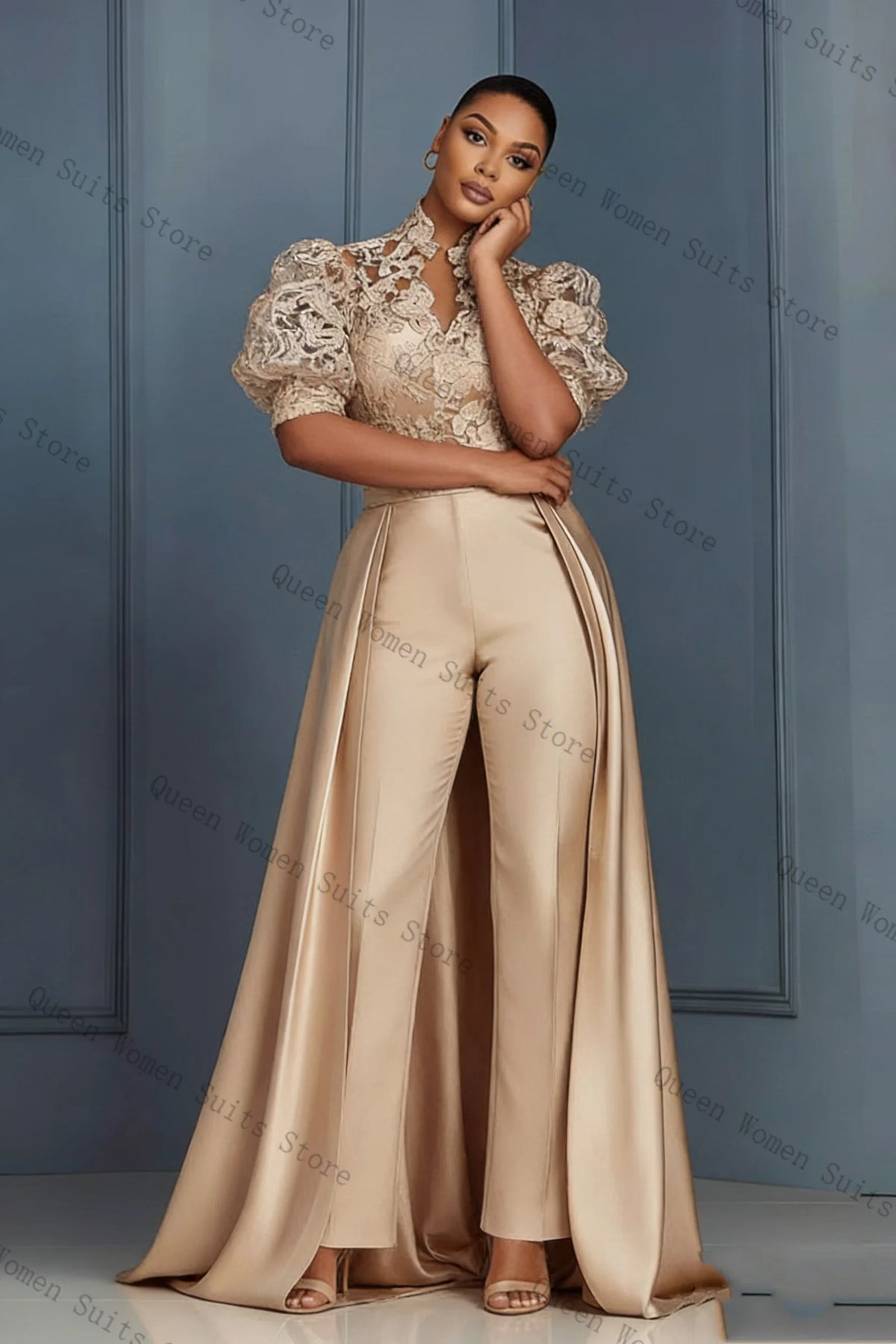 Elegant Champagne Lace Trim Blazer And Pants Suit Set For Women