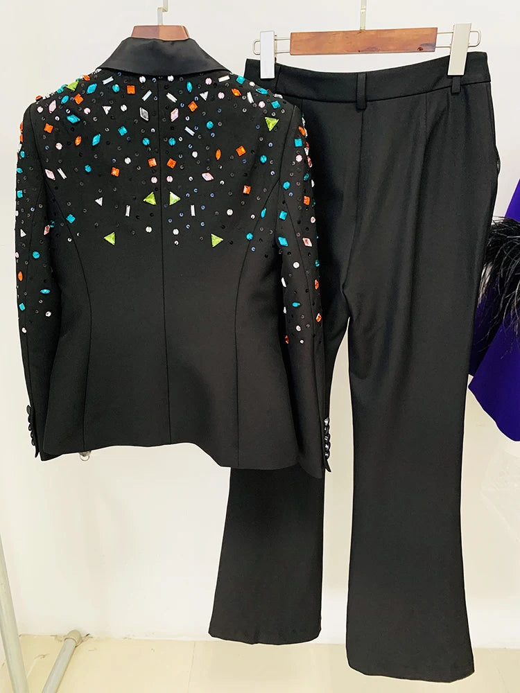 HIGH STREET Newest 2026 Designer Runway Fashion Suit Set Women's Slim Fitting Strass Diamonds Beaded Blazer Pants Set