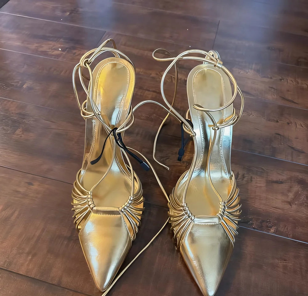 Gold Pointed Toe Ankle Strap Sandals