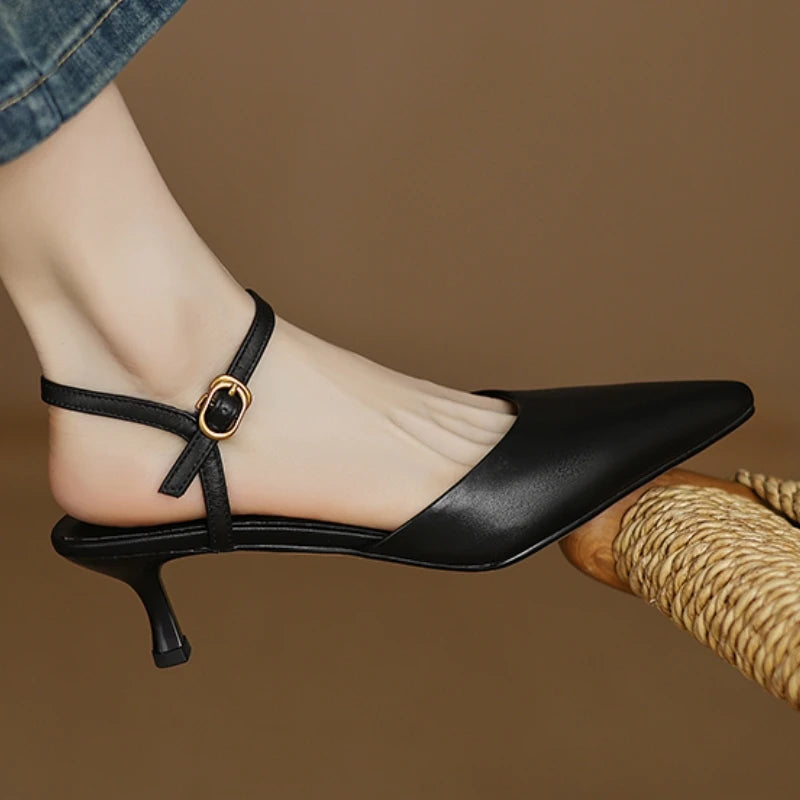 Black Pointed Leather Ankle Strap Heels