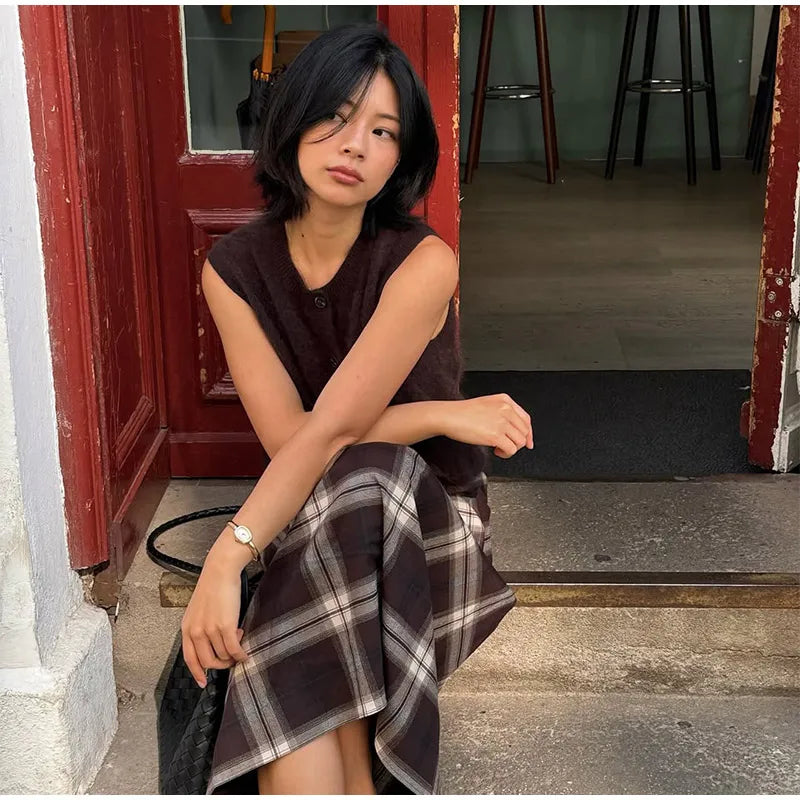 Women Checked Midi Skirt Fashion Casual Pleated Irregular High Waist Slim Mid-length Bottom Lady Daily New Commute Street Skirts