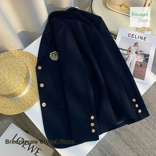 Korean navy blue design sense college wind suit jacket women's spring and autumn new fashion temperament popular top.